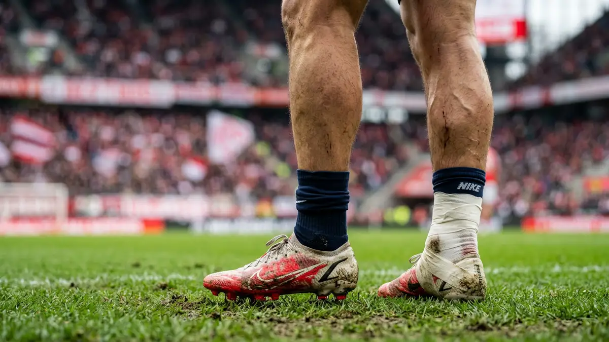 Close-up of a soccer player's ankle wrapped in white athletic tape on a grass field.