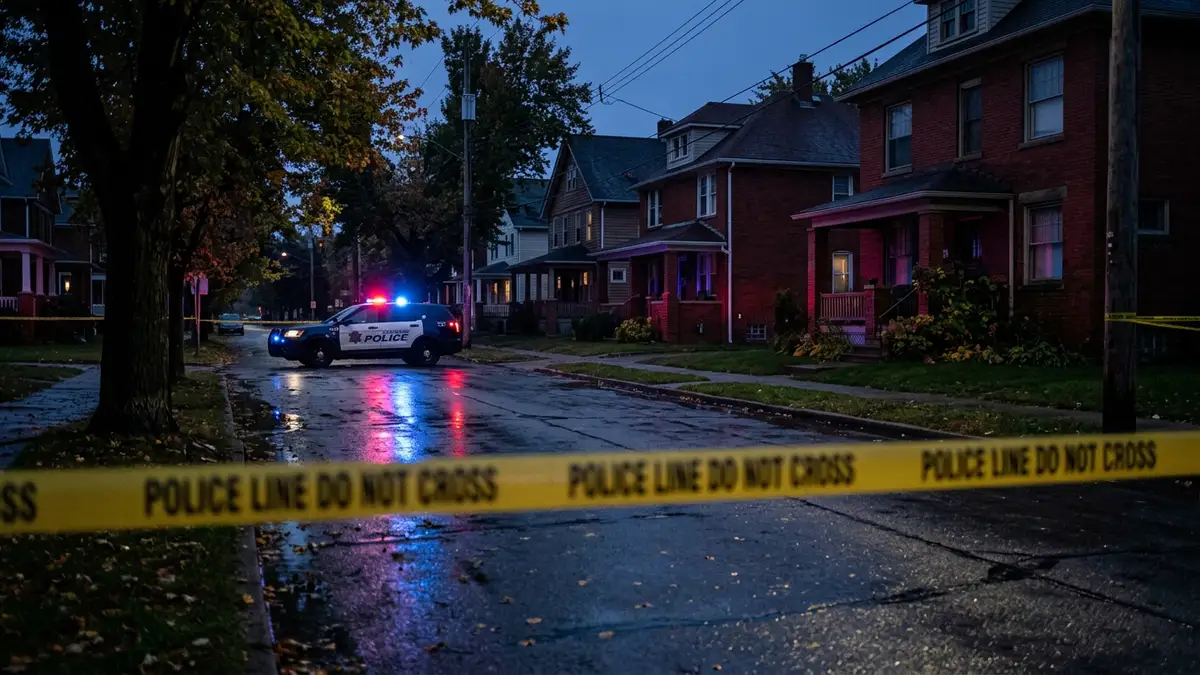 Yellow police tape across a street with blurred emergency vehicle lights in the background.