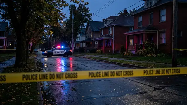 Yellow police tape across a street with blurred emergency vehicle lights in the background.
