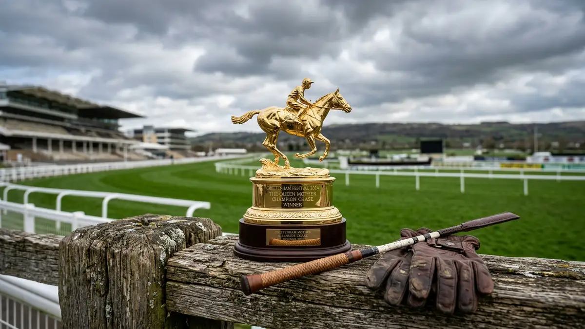 A gold racing trophy and leather gloves resting on a wooden post at a racecourse.