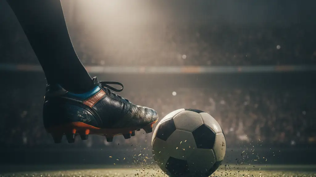 Close-up of a football boot about to kick a ball, stadium lights in background.