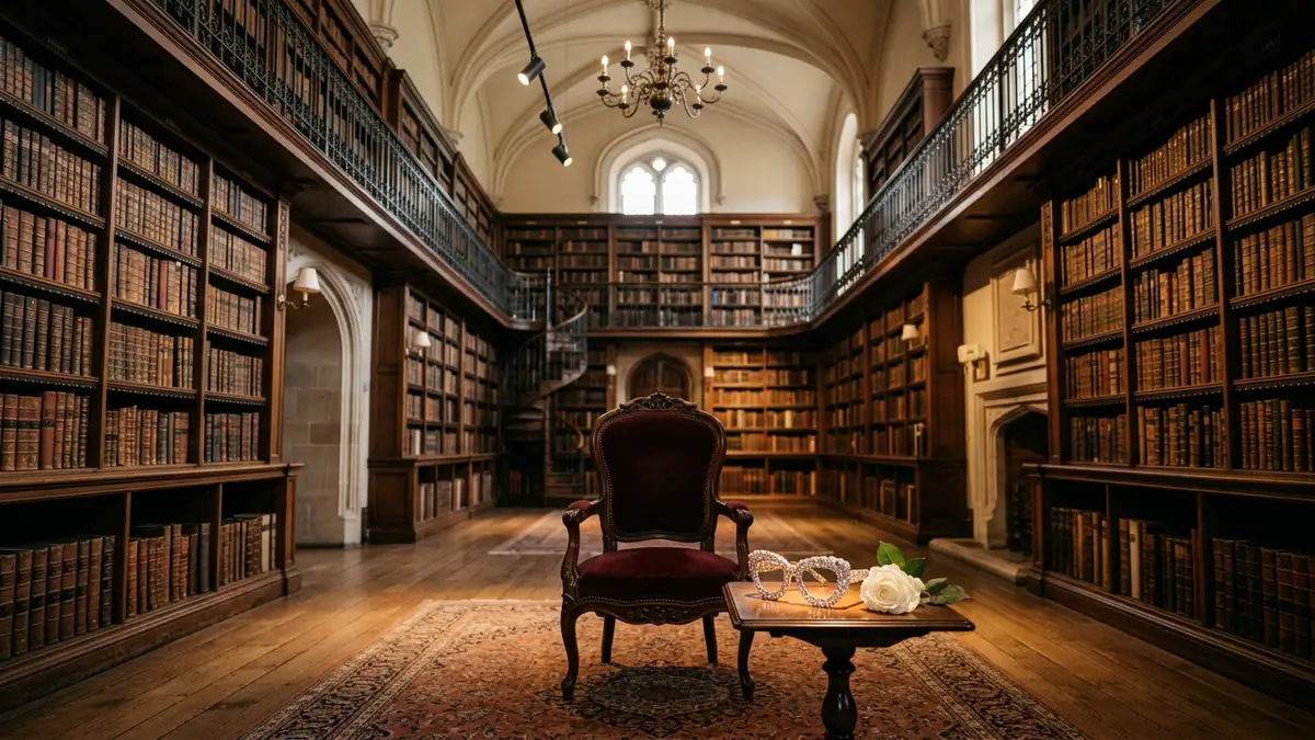 An empty velvet chair and jeweled glasses in a grand, sunlit historic library.