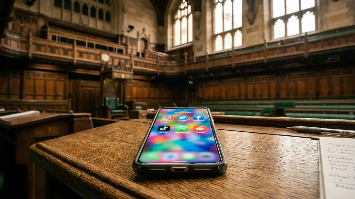 A smartphone with social media icons sits on a desk with Parliament architecture blurred behind.