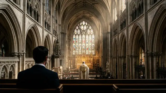 A silhouette of a man watching a clergyman in ornate robes inside a sunlit cathedral.