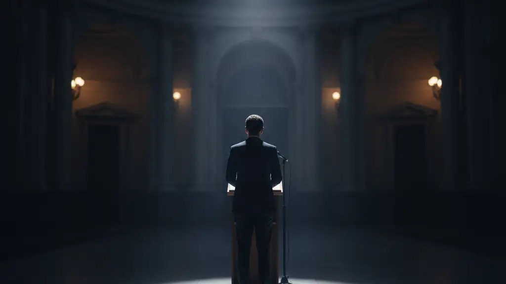 Silhouetted figure at a podium under a spotlight in a grand hall.