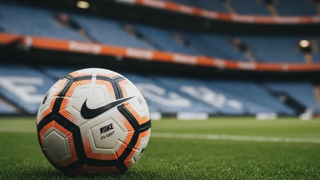 A professional soccer ball sits on a green grass field in a blurred stadium.