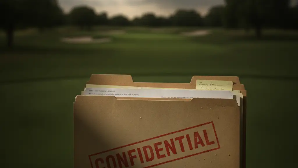 Confidential file folder on a desk with a blurred golf course in the background.