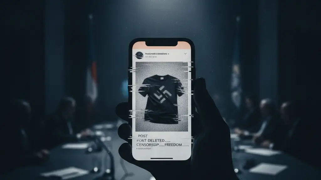 Silhouetted hand holding smartphone with blurred, deleted social media post on screen.
