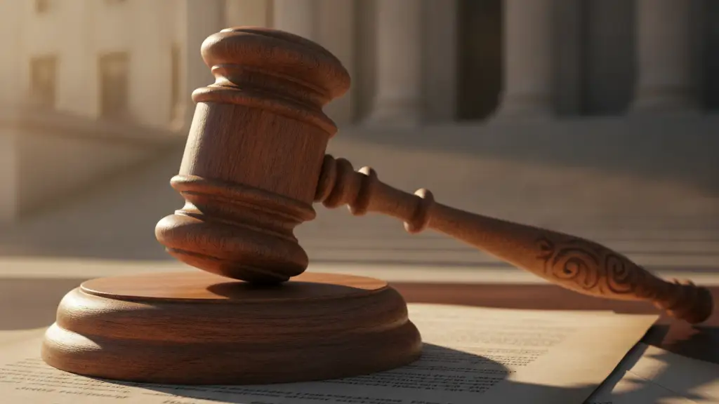 A wooden gavel rests on documents, with a blurred courthouse in the background.