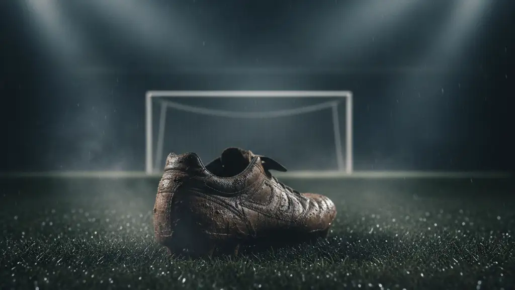 A muddy football boot on a wet pitch, a blurred goal in the background.