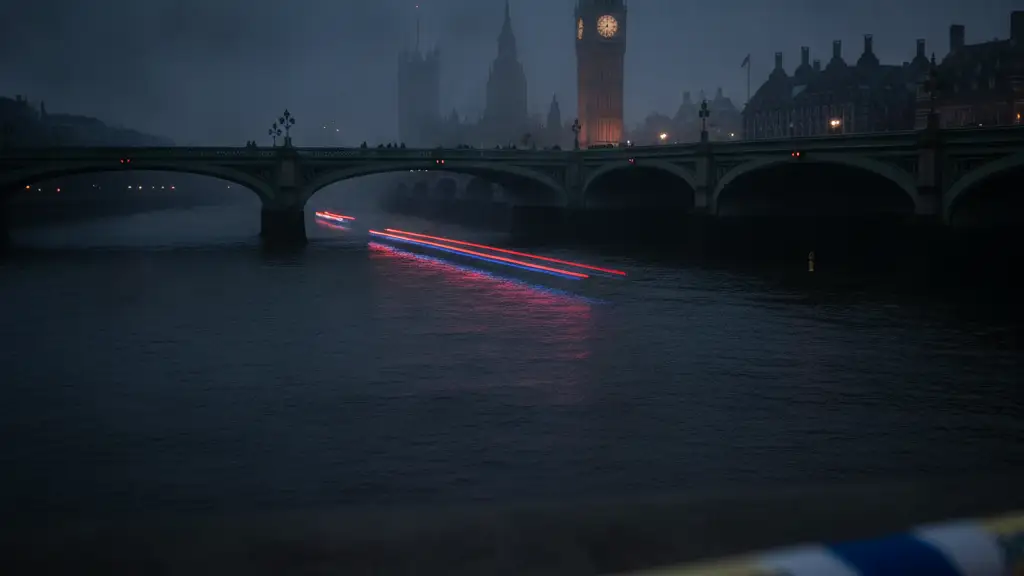 Emergency lights reflect on the Thames near Westminster Bridge, police tape in foreground.