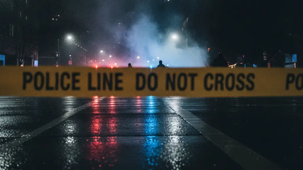 Emergency lights reflecting on wet street with police tape and distant smoke.