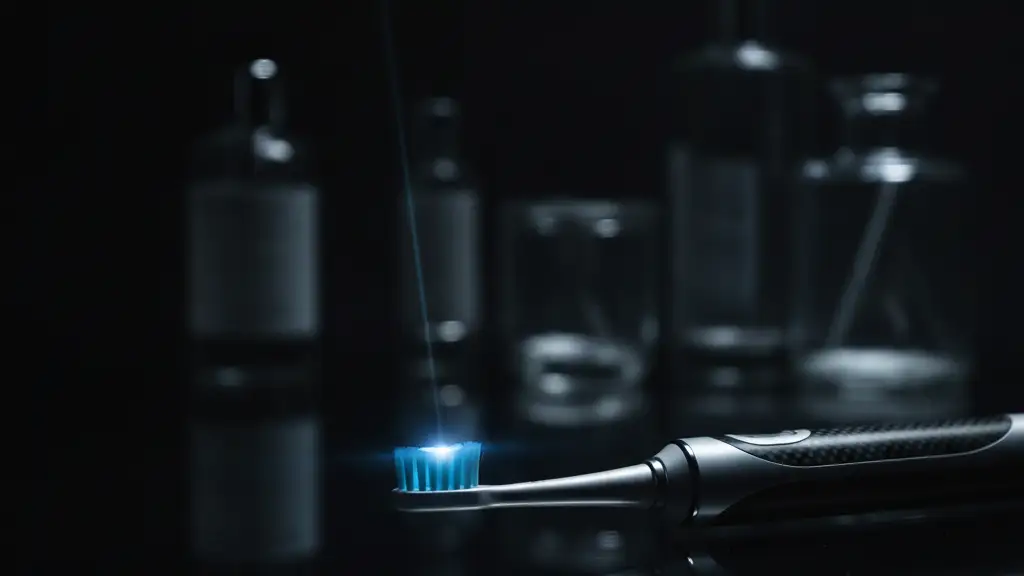 A futuristic toothbrush with a subtle blue light and camera lens, in dramatic shadow.