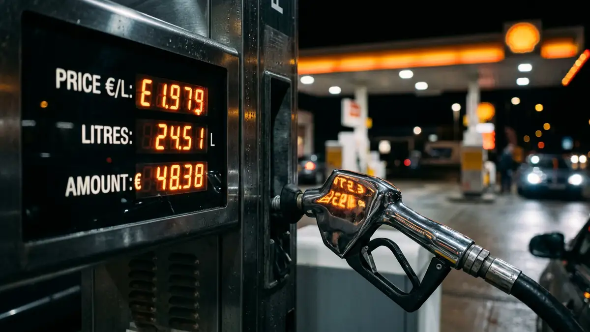 Close-up of a digital fuel pump display showing rising prices at a petrol station.