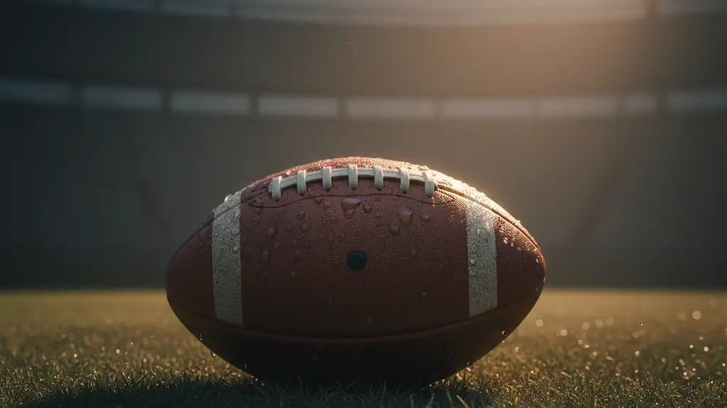 A vintage leather football sits alone on grass under a spotlight in an empty stadium.