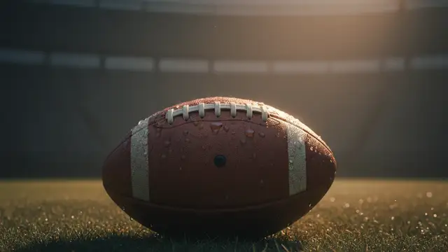 A vintage leather football sits alone on grass under a spotlight in an empty stadium.