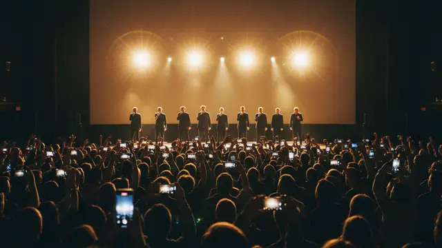 Silhouetted performers on a lit stage before a seated audience in a darkened theater.