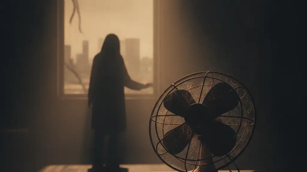 Silhouette of a person by a window in a hot, dimly lit room.