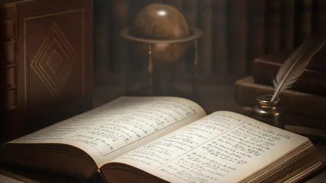 Vintage mathematics textbook open to handwritten equations, dramatic lighting.