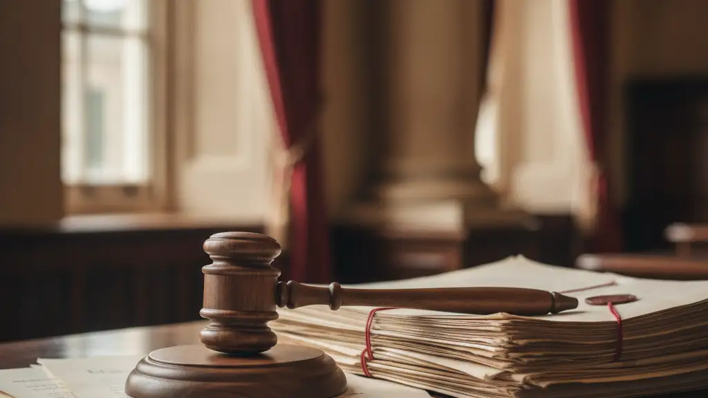 A wooden gavel rests on legal documents on a dark desk, parliamentary background blurred.