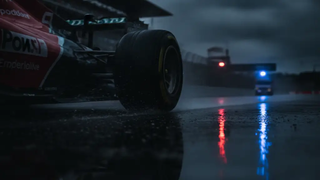 Blurred F1 car tire on wet track, emergency lights reflecting in puddles.