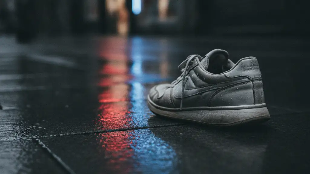 A single, worn athletic shoe on a wet, dark urban sidewalk at night.