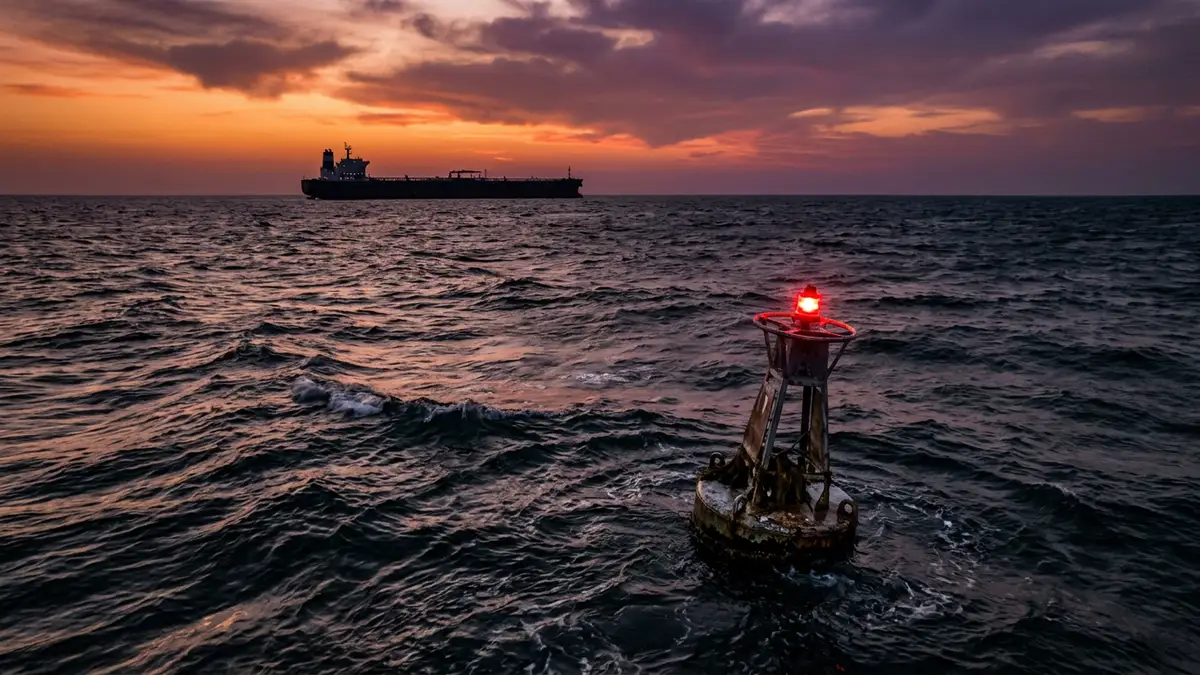 A silhouette of an oil tanker on a dark sea under a sunset sky.