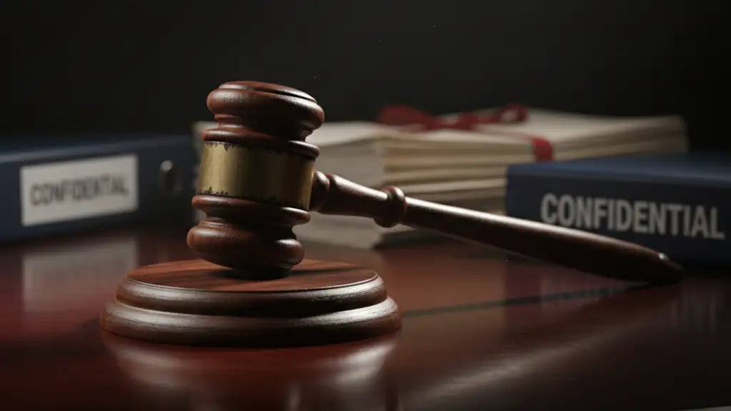A heavy wooden gavel on a dark desk with blurred legal documents.
