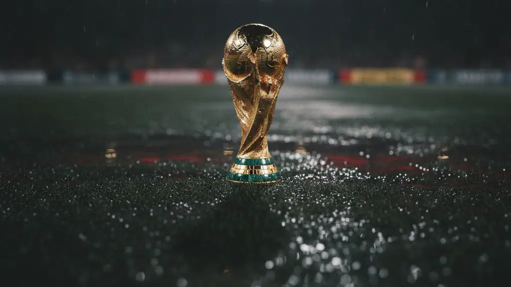 A gold World Cup trophy on a wet football pitch at night.