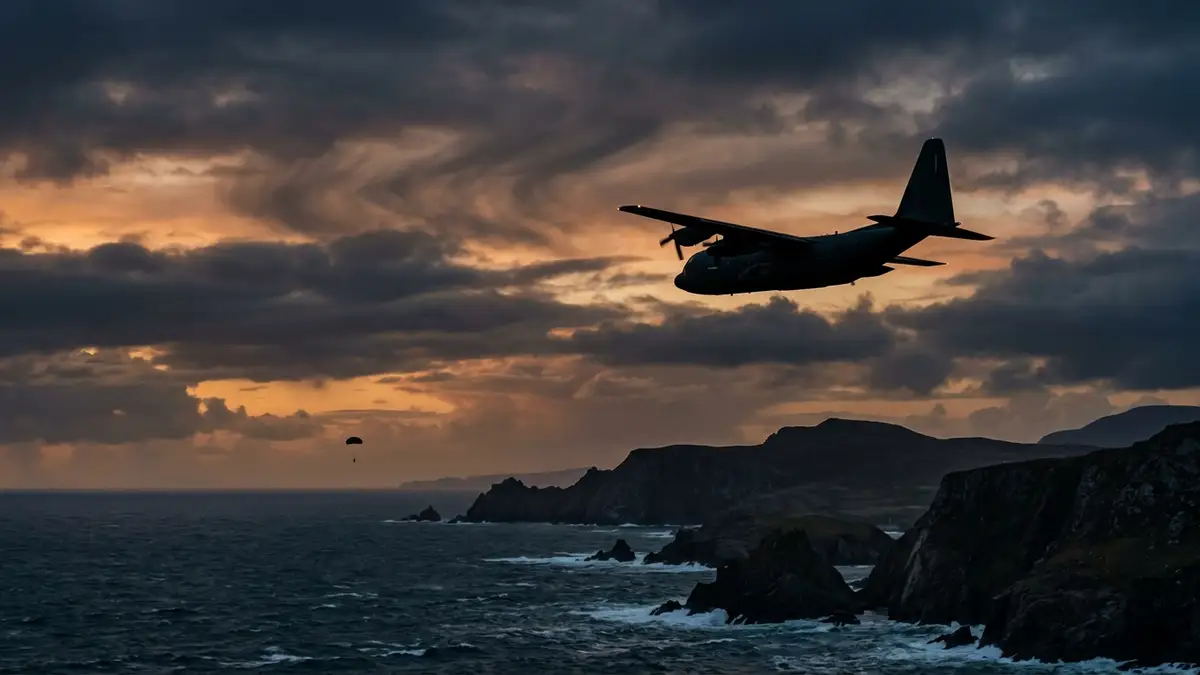British Army plane silhouette, parachute descending towards remote island coastline at dusk.