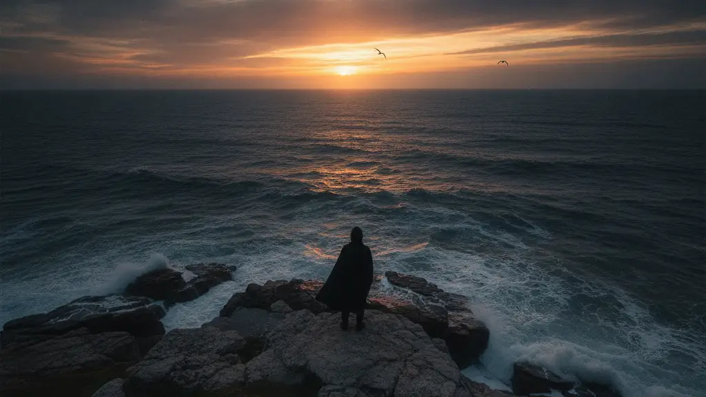 Silhouetted figure on a rocky coast at dawn, looking at a hazy horizon.