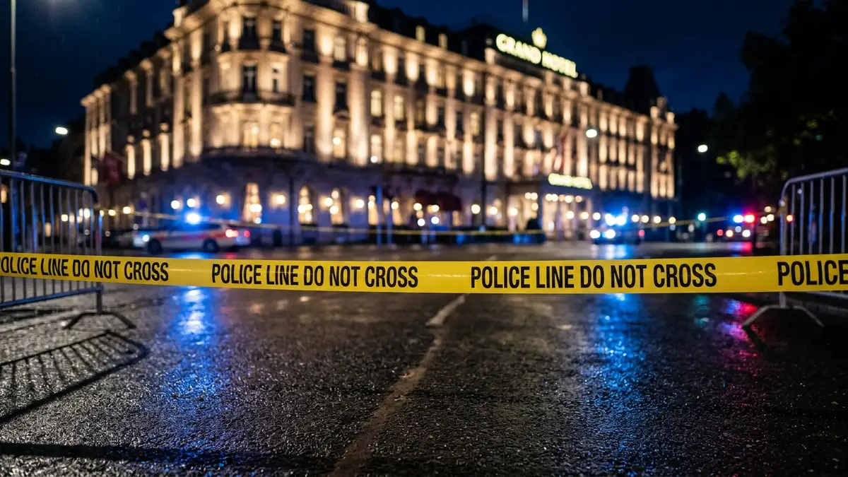 Police tape in foreground, blurred hotel facade and emergency lights in background at night.