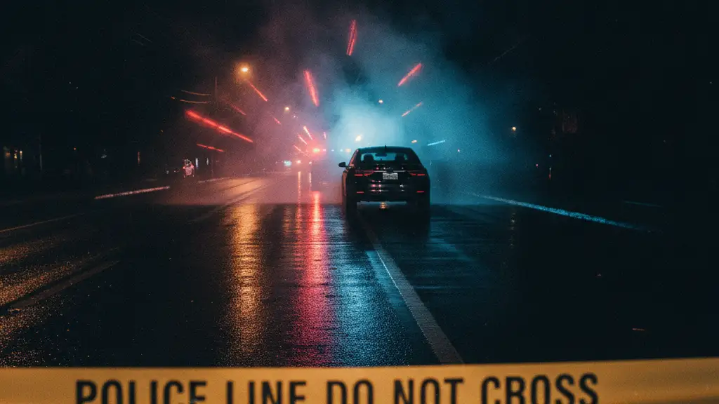 Police tape reflecting emergency lights on a wet road at night.