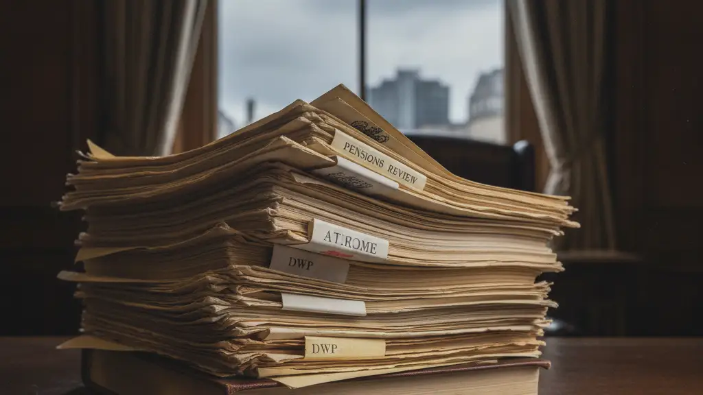 Stack of government pension documents and a fountain pen on a wooden desk.