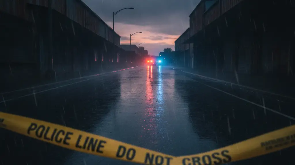 Police tape across a wet road, reflecting distant emergency lights at an industrial estate.