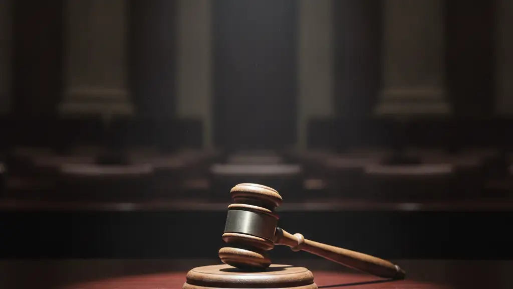 A lone wooden gavel rests on a polished desk under a dramatic spotlight.