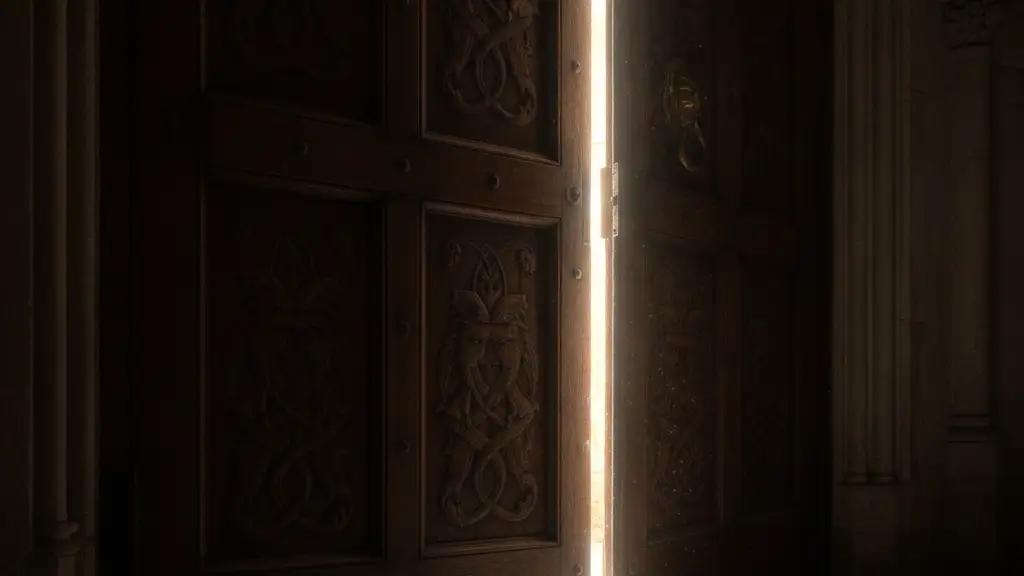Ornate wooden door slightly ajar, bright light spilling from inside.