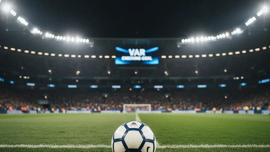 A professional football on a stadium pitch at night with blurred VAR screen in background.