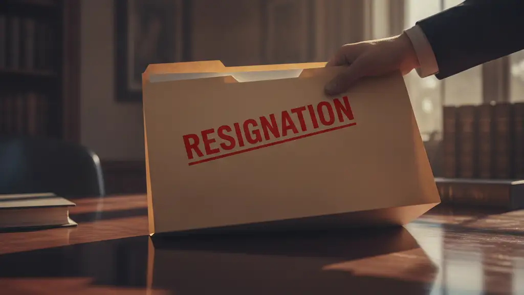Official file folder labeled 'RESIGNATION' on a dark wooden desk.