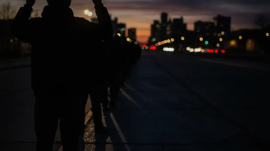 Silhouetted crowd queuing, one person holds solar eclipse glasses, twilight sky.