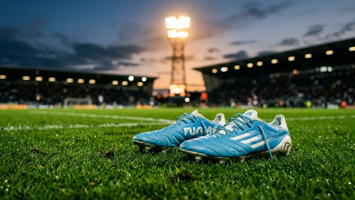 Close-up of sky-blue football boots on a grass pitch under stadium lights at night.