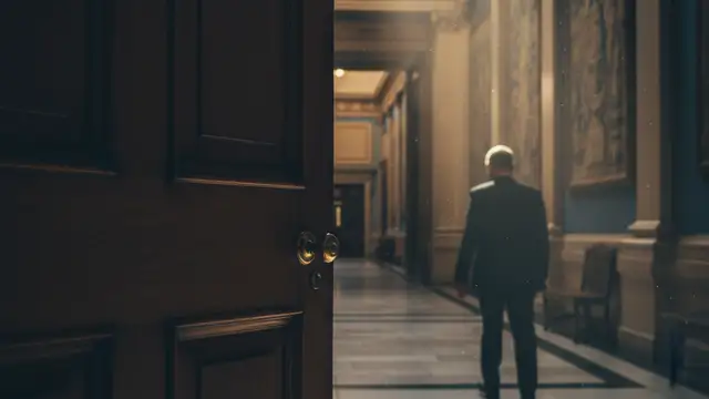 A blurred silhouette walks away from a closed parliamentary door in a dimly lit corridor.