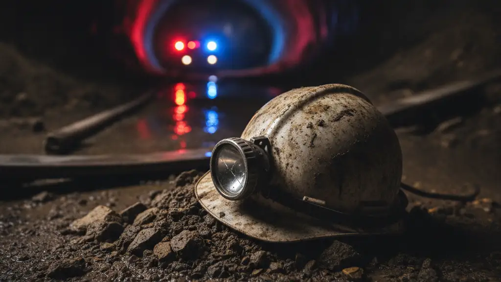 A muddy miner's helmet on dark earth, with blurred emergency lights in background.