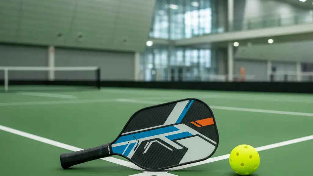Pickleball paddle and ball on a green court, blurred Birmingham NEC in background.