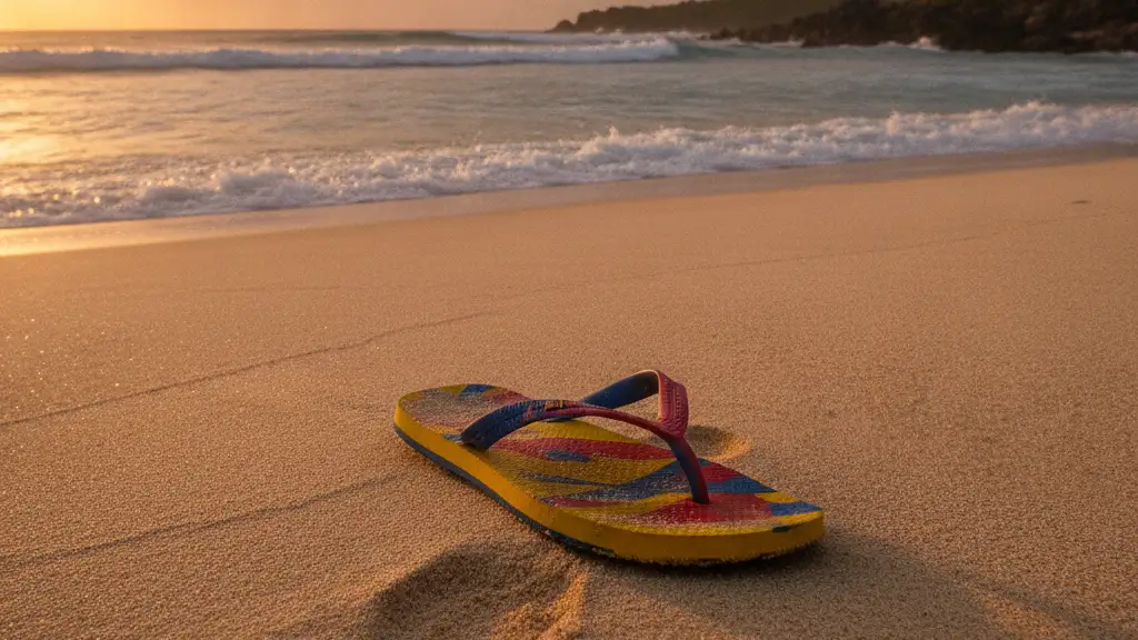 A single, brightly colored beach sandal half-buried in sand on a Grenadian beach at dusk.