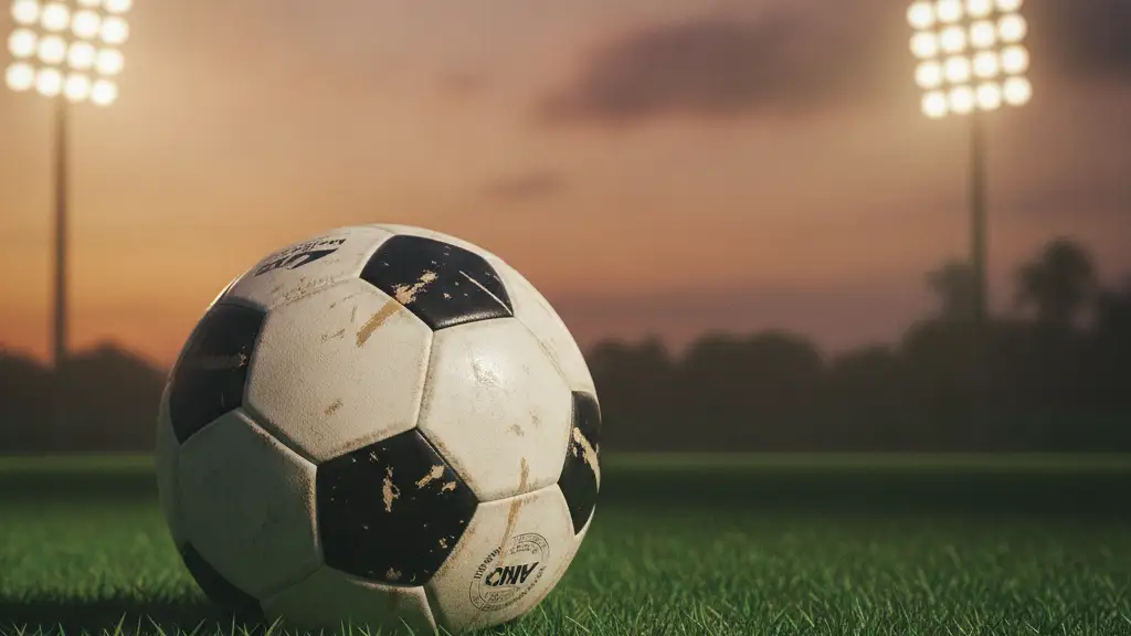 Close-up of a football on green grass, stadium lights in hazy background.