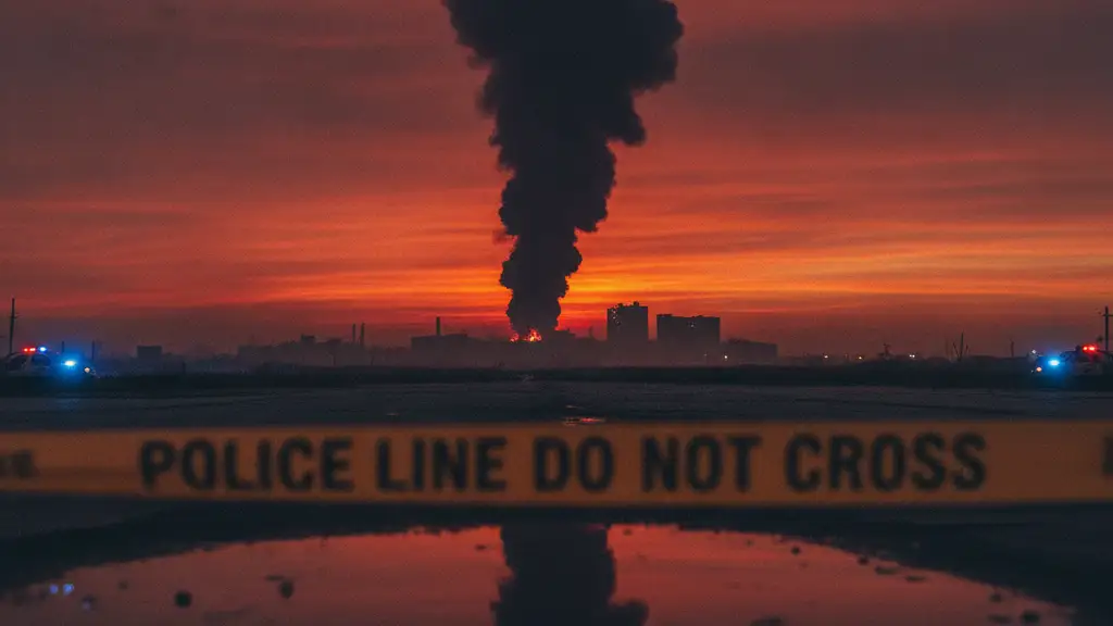 Thick smoke plume against a fiery sunset, with blurred police tape in foreground.