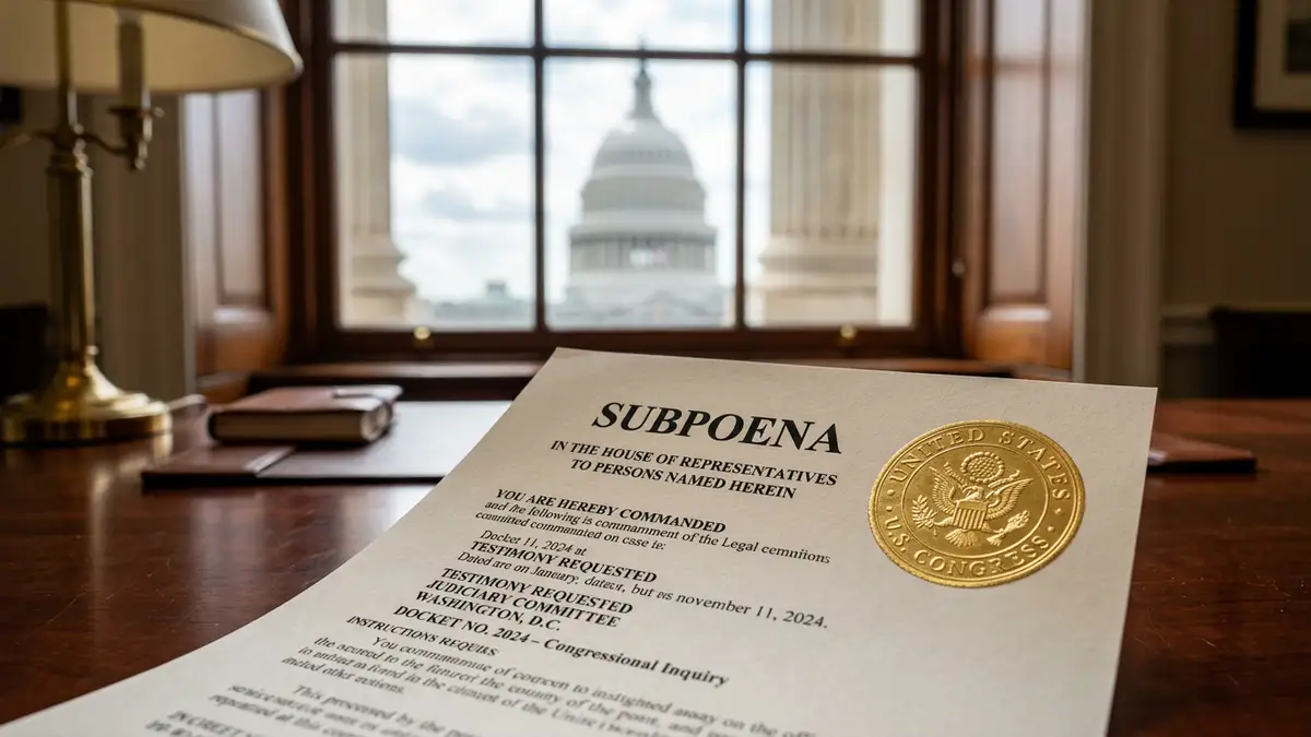 A formal subpoena document with a gold seal on a desk overlooking the U.S. Capitol.