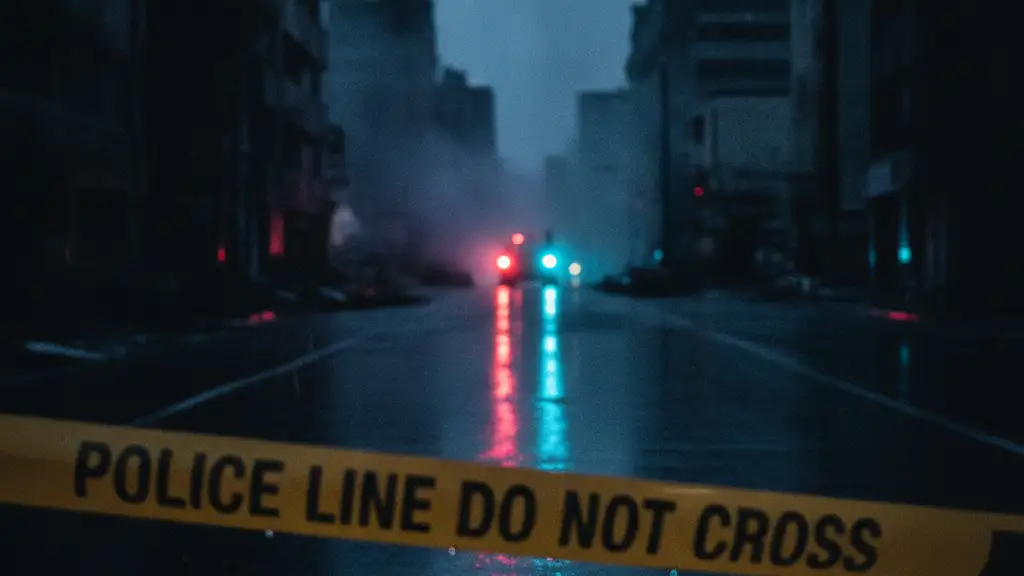 Emergency lights reflect on a wet street with police tape, hinting at earthquake damage.