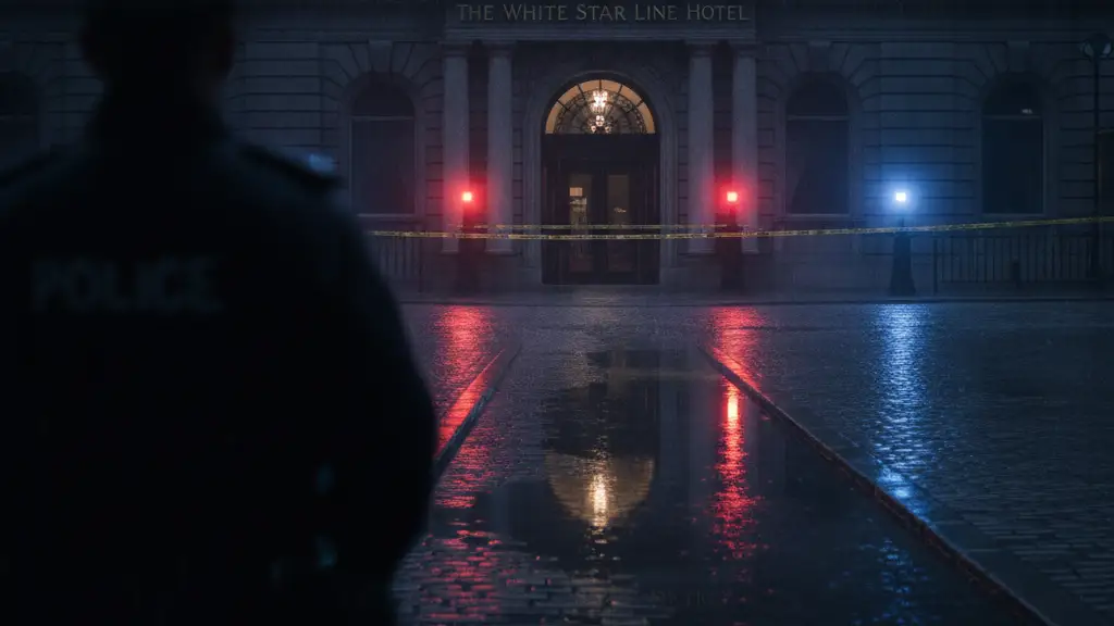 Police tape and emergency lights reflecting in a puddle outside a historic hotel.